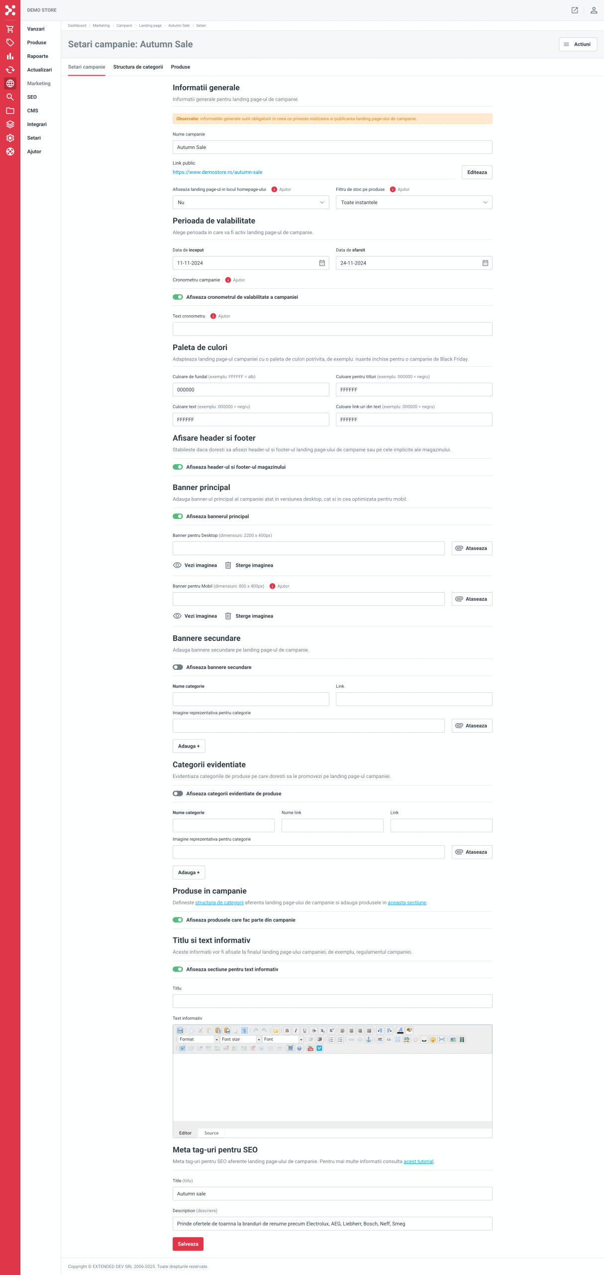 Setari landing page de campanie